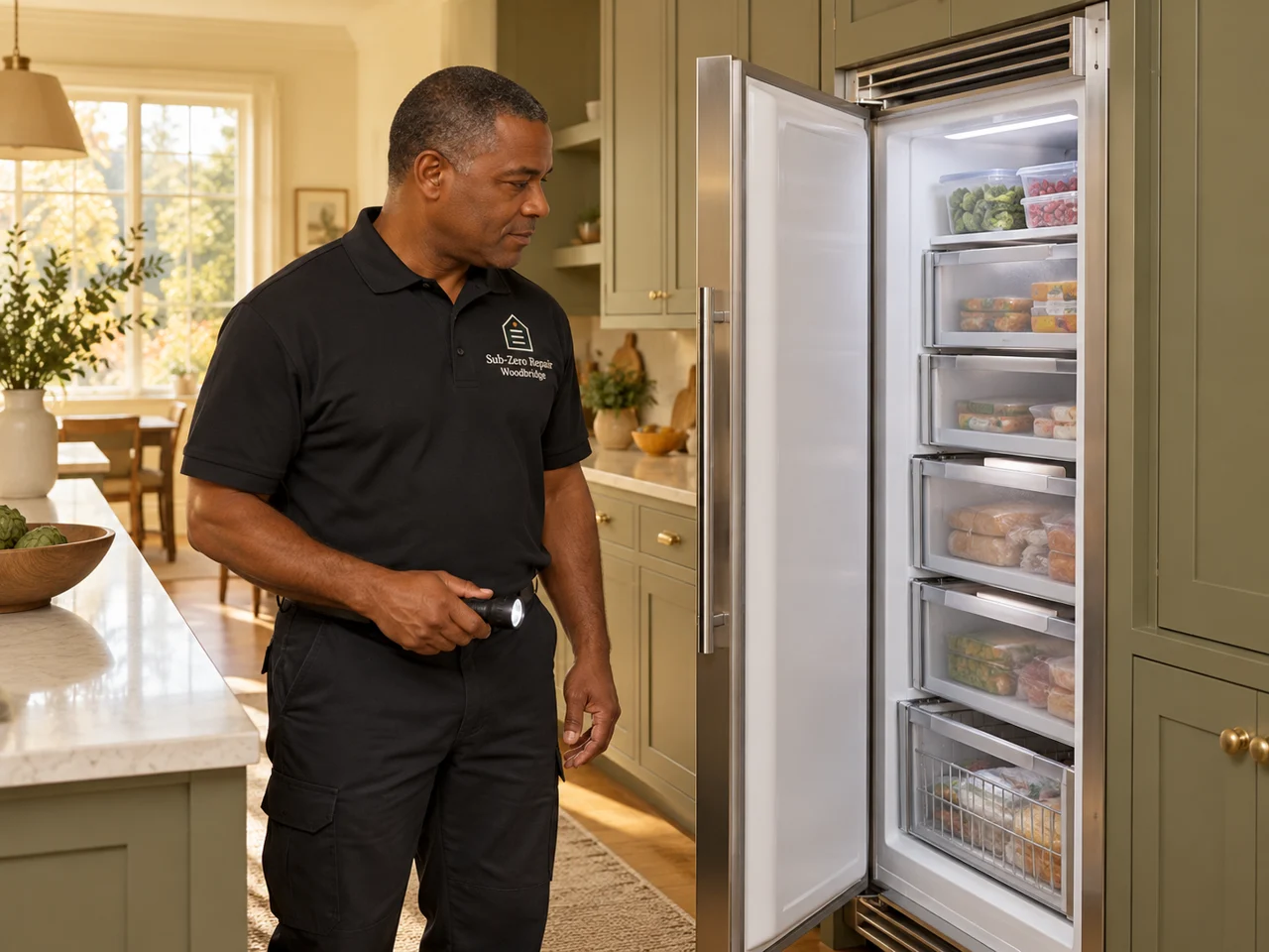Illustration of a technician wearing the Sub-Zero Repair Woodbridge logo beside a Monogram freezer