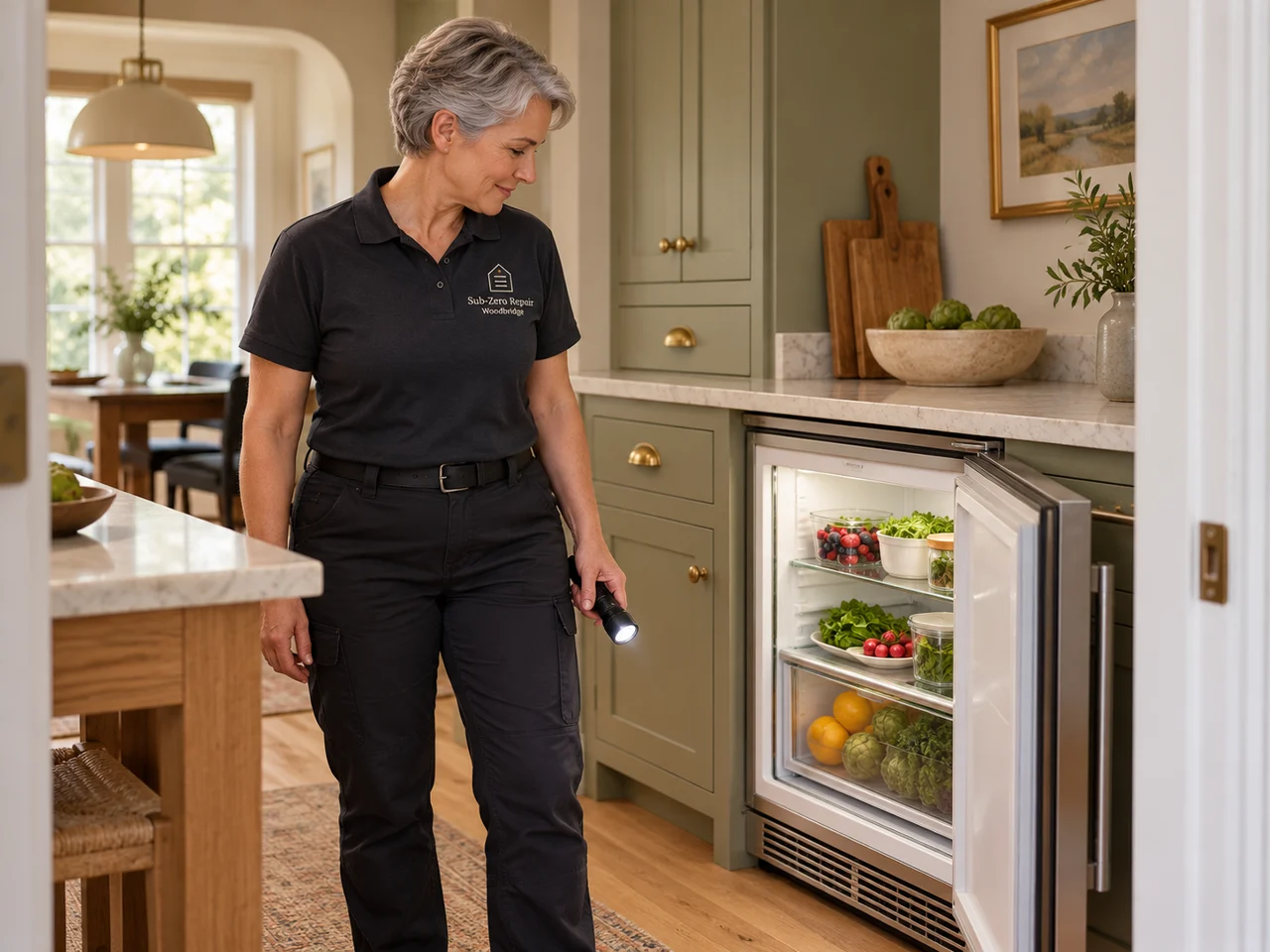 Illustration of a technician wearing the Sub-Zero Repair Woodbridge logo beside a Sub-Zero undercounter refrigerator